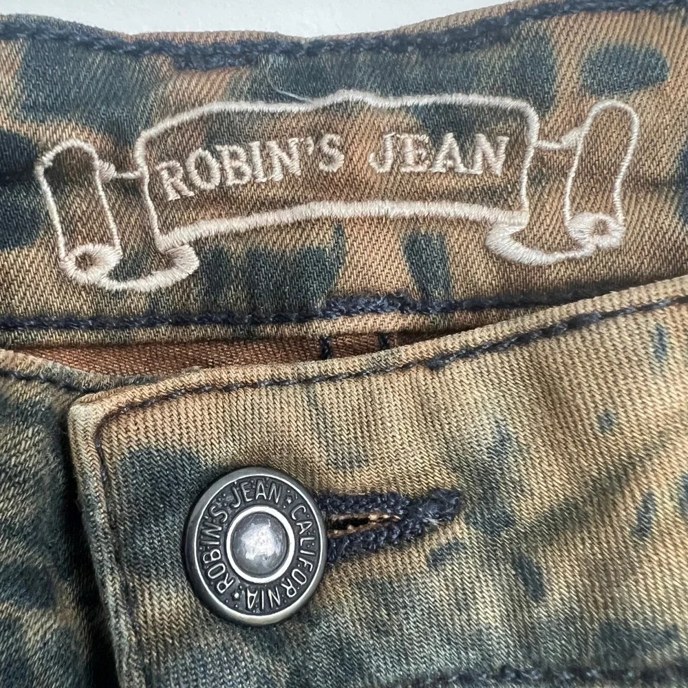 Robin's Jean Black Brown Splatter Acid Wash Long Flap Pocket Studded Moto‎ Jeans
